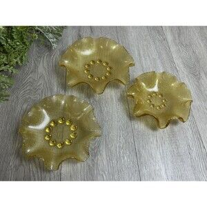 Set Of 3 Vintage Amber Gold Ruffled Edge Waffle Bowls Colony Glass? 7” And 5”